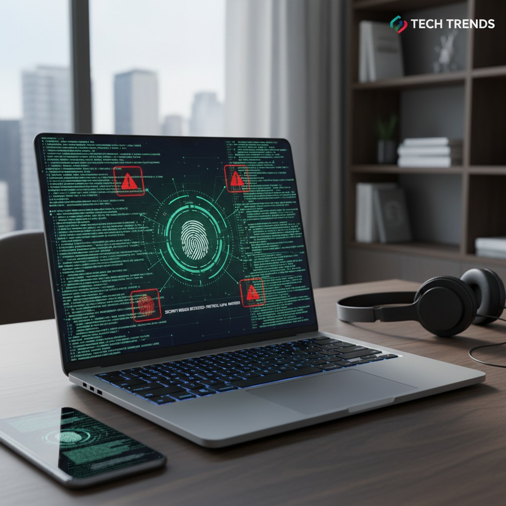 A laptop screen displays green lines of code and a digital fingerprint icon surrounded by red warning symbols.
