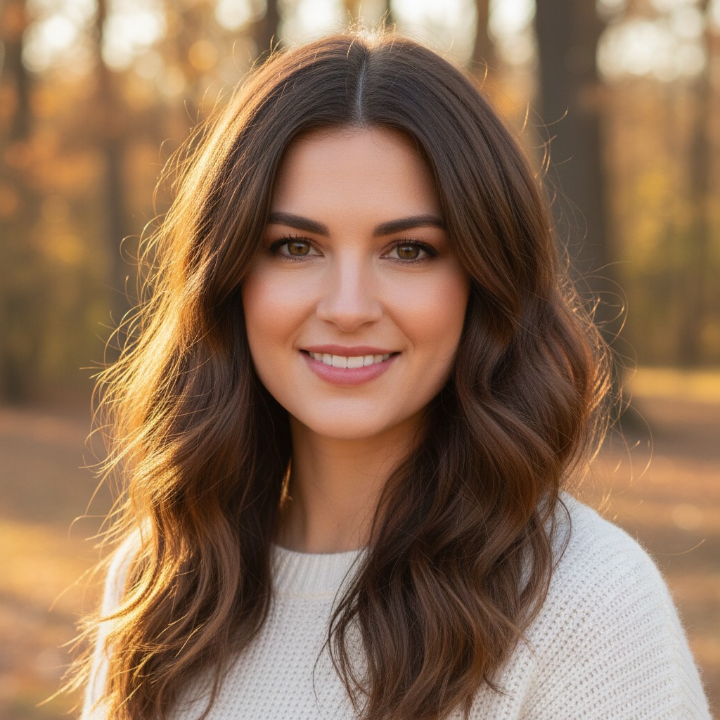 A smiling woman with long brown hair wears a white sweater in a sunlit forest.